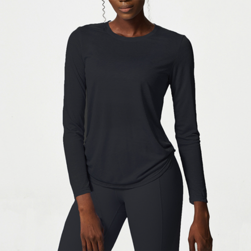 Long Sleeve Yoga Shirt Women Side Pleated Loose Workout Gym Top