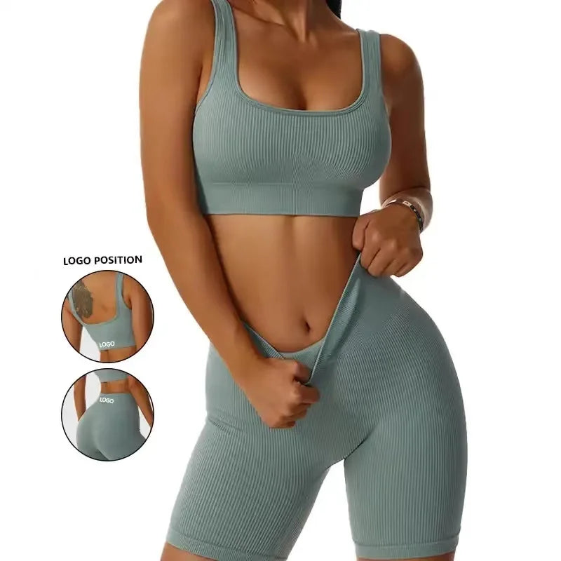 Ribbed Yoga Sport Set Women Seamless Crop Top Bra Shorts Yoga Set