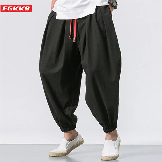 FGKKS New Oversize Men Loose Harem Pants Autumn Chinese Linen